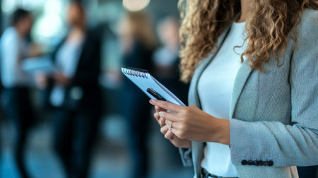 A professional woman holding a pen and notepad, ready to take notes during a business meeting, with colleagues blurred in the background.の素材