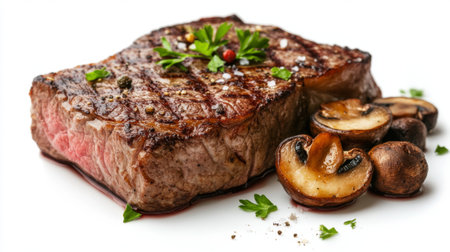 A premium cut of steak, cooked to a perfect medium-rare, with a side of grilled mushrooms and a garnish of parsley on a white background.の素材