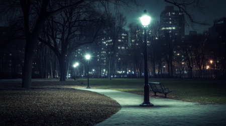A serene nighttime image of a quiet park with path lights and peaceful surroundings, providing a contrast to the city's nightlifeの素材