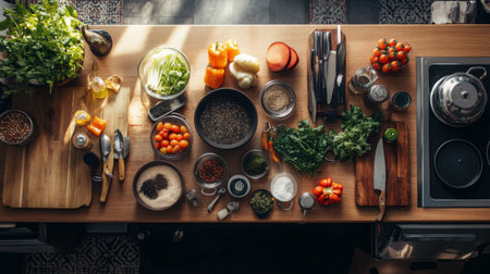 A top-down view of a kitchen counter with ingredients neatly arranged for cooking, including vegetables, spices, and utensils.の素材