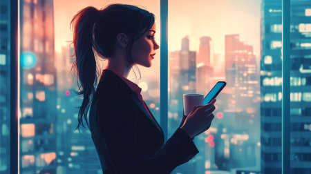 A stylish businesswoman holding a cup of coffee and a smartphone, taking a break from work, with a cityscape visible through the office windows.の素材
