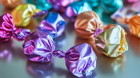 An image of beautifully wrapped candy with metallic and shiny wrappers, showcasing their colorful designs and reflections.の素材