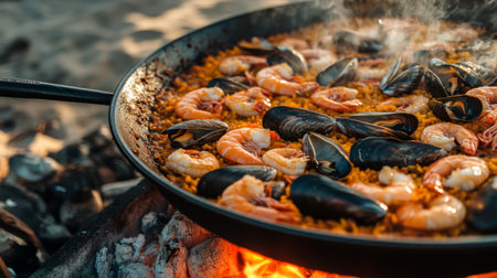 A seafood paella being cooked over an open flame at a beachside cookout, with a mix of shrimp, mussels, and clams in a large pan.の素材