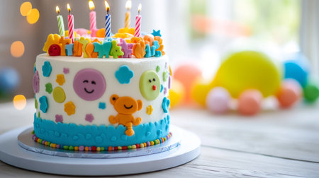An image of a birthday cake with a playful design, such as cartoon characters or playful patterns, making it perfect for a child's party.の素材