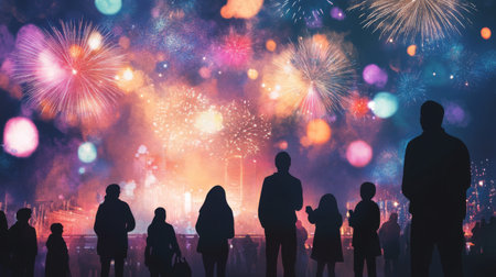 An image of travelers enjoying a nighttime fireworks display, with colorful bursts of light illuminating the night sky.の素材