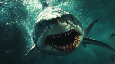 An underwater view of a menacing shark approaching with its mouth open, highlighting its formidable teeth and muscular build.の素材