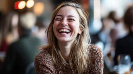 A candid shot of a woman laughing joyfully at a social gathering, with natural light accentuating her vibrant personality and genuine beauty.の素材