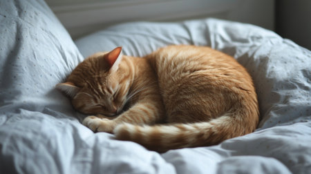 A chubby cat curled up in a tight ball on a bed, sleeping peacefully with its tail wrapped around its bodyの素材