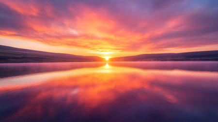 A breathtaking sunrise over a tranquil lake, with the sky painted in vibrant oranges and pinks,の素材
