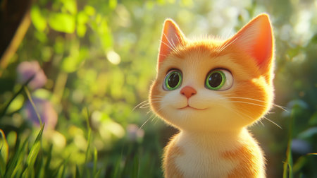 A close-up of a 3D cat character in an animated pose, showcasing its detailed features and vibrant colors, with a soft-focus background to emphasize the cat's design.の素材