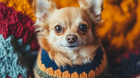 A charming image of a small dog wearing a stylish sweater, sitting happily on a colorful blanket, with its expressive face and wagging tail clearly visible.の素材