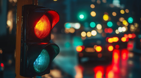 A close-up of a traffic light changing from red to green, with cars waiting at the red light and the street scene in the background showing busy urban activityの素材