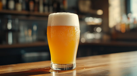 A close-up of a frothy pint of beer with a perfectly golden hue, set on a wooden bar counter with condensation on the glass, evoking a refreshing feel.の素材
