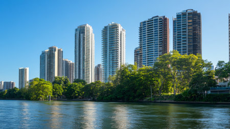 A close-up of elegant high-rise buildings along a river, with lush greenery on the riverbank and a clear, blue sky creating a picturesque and sophisticated cityscapeの素材