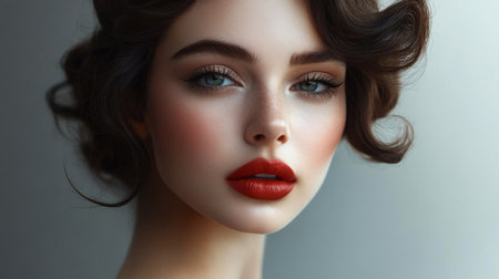 A close-up of an elegant woman with flawless makeup and a chic hairstyle, set against a stylish, minimalist background that emphasizes her classic beauty.の素材