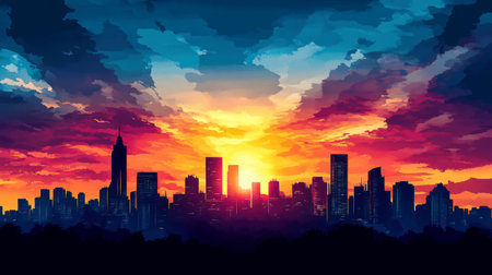 A cityscape with skyscrapers silhouetted against a stunning sunrise, with the sky ablaze with colors and the first light illuminating the urban landscape.の素材