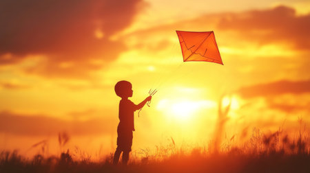 A close-up silhouette of a child holding a kite against a bright, colorful sunset, with the kite's shape and the child's pose clearly defined.の素材