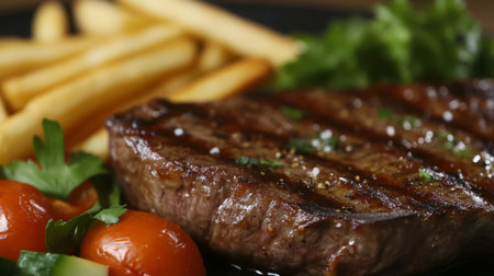 A close-up of a perfectly grilled steak with a juicy, tender texture, served with a side of crispy fries and fresh vegetables, highlighting the rich, savory details.の素材