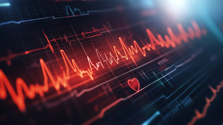 A close-up of an EKG monitor displaying a heart rate graph, with clear, distinct waves and a digital readout, set in a medical or clinical environment.の素材