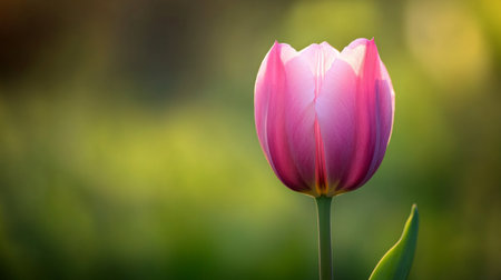 A detailed close-up of a pink tulip with its delicate petals open wide, captured in crisp focus with a softly blurred green background.の素材