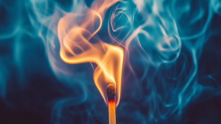 A detailed shot of a burning matchstick, with smoke spiraling upward as the flame flickers, highlighting the fleeting nature of fire.の素材