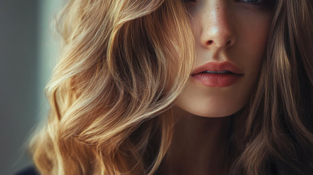 A close-up of a woman with elegant, flowing long hair styled in soft, voluminous waves, with natural light highlighting the texture and shine of her hair.の素材