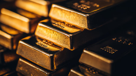 A close-up of gold bars stacked neatly, with their shiny, reflective surfaces and embossed details clearly visible against a dark background.の素材