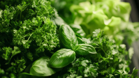A detailed shot of a bunch of fresh herbs like basil and cilantro, with their rich green leaves and aromatic qualities clearly visible.の素材