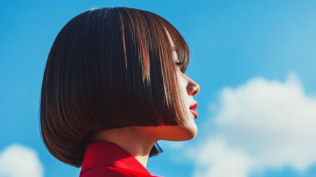 A detailed shot of a woman with a chic, modern bob haircut, showcasing the sleek and polished finish, with a focus on the sharp lines and healthy shine of the hair.の素材