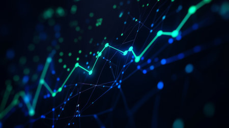 A digital financial graph showing upward trends in blue and green lines on a dark background, with data points and grid lines in sharp focus.の素材