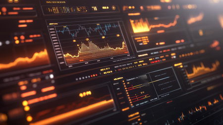 A financial dashboard featuring multiple graphs related to gold prices, including line and bar charts, all with a modern, high-tech design.の素材