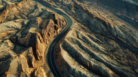 A dramatic aerial view of a road carved through a vast desert landscape, with sweeping curves and striking rock formations creating a captivating scene.の素材