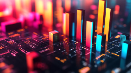 A dynamic view of a 3D bar chart with multiple bars in different heights and colors, showcasing a clear and engaging representation of data with depth and perspective.の素材