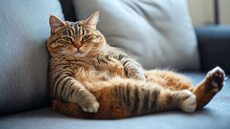 A fat cat lounging on a couch, its soft belly spilling over the edge, looking completely relaxed.の素材