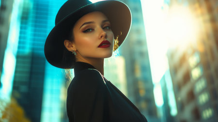 A high-fashion portrait of a woman in a sophisticated outfit, confidently posing in an urban setting with a dynamic cityscape backdrop, showcasing her modern elegance.の素材