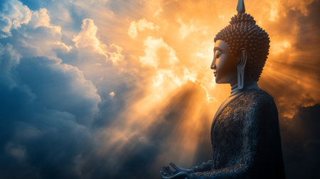A dramatic silhouette of a Buddha statue with intricate details, set against a backdrop of clouds and light rays breaking through, creating a spiritual ambiance.の素材