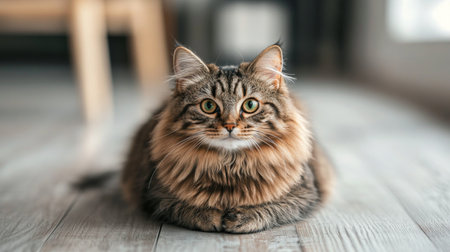 A fluffy, chubby cat sitting on a wooden floor, staring directly into the camera with a curious expression.の素材