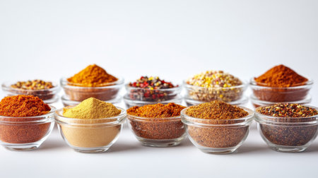 An image of seasoning mixes like taco seasoning and BBQ rub, displayed in clear bowls against a clean white backdrop.の素材