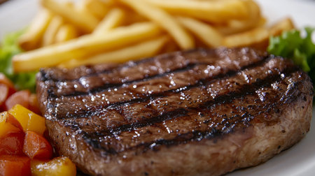 A close-up of a perfectly grilled steak with a juicy, tender texture, served with a side of crispy fries and fresh vegetables, highlighting the rich, savory details.の素材