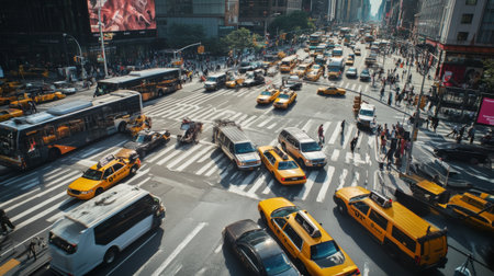 A bustling city intersection with heavy traffic, including cars, buses, and pedestrians, all captured in a wide-angle view with traffic lights and road signs.の素材