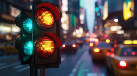 A close-up of a traffic light changing from red to green, with cars waiting at the red light and the street scene in the background showing busy urban activityの素材
