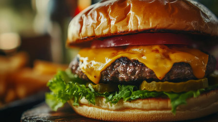 A detailed shot of a classic cheeseburger with melted cheese, crisp lettuce, and juicy tomato, all layered between a toasted bun and garnished with pickles.の素材