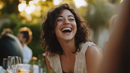 A candid shot of a woman laughing joyfully at a social gathering, with natural light accentuating her vibrant personality and genuine beauty.の素材