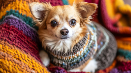 A charming image of a small dog wearing a stylish sweater, sitting happily on a colorful blanket, with its expressive face and wagging tail clearly visible.の素材