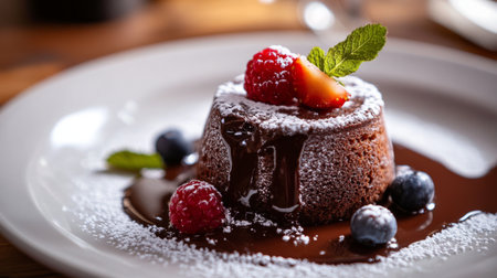 A detailed image of a decadent dessert such as a chocolate lava cake with a gooey center, garnished with a dusting of powdered sugar and a fresh berry on top.の素材