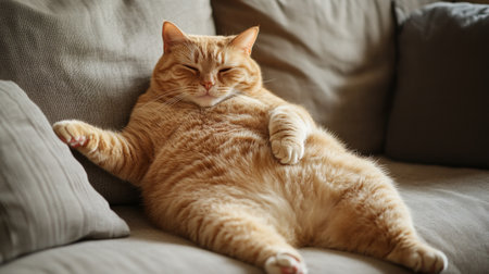 A fat cat lounging on a couch, its soft belly spilling over the edge, looking completely relaxedの素材