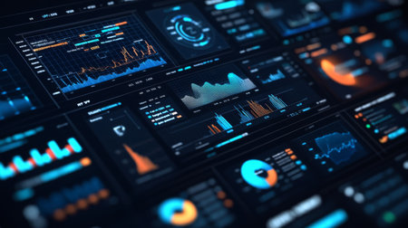 A financial dashboard with various graphs and charts, including pie charts and line graphs, all displayed clearly on a modern, high-tech interfaceの素材