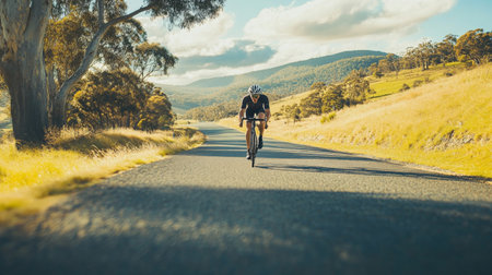 A dynamic shot of a cyclist in motion on a scenic country road, with the focus on the spinning wheelsの素材