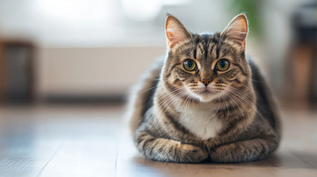A fluffy, chubby cat sitting on a wooden floor, staring directly into the camera with a curious expression.の素材