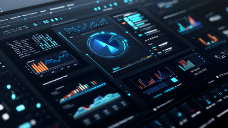 A financial dashboard with various graphs and charts, including pie charts and line graphs, all displayed clearly on a modern, high-tech interfaceの素材